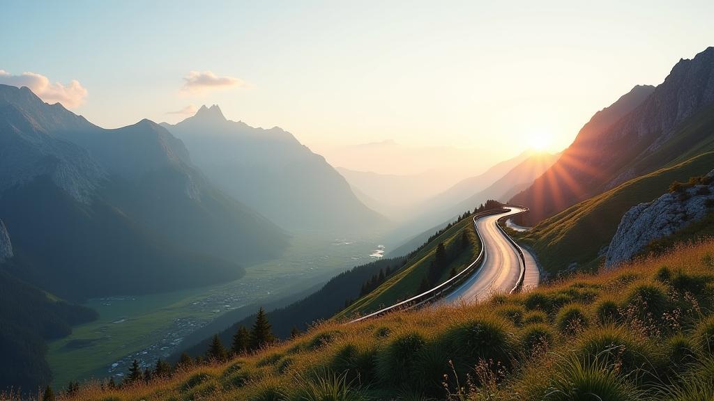 Panoramic view of a winding alpine road in Austria at sunrise.