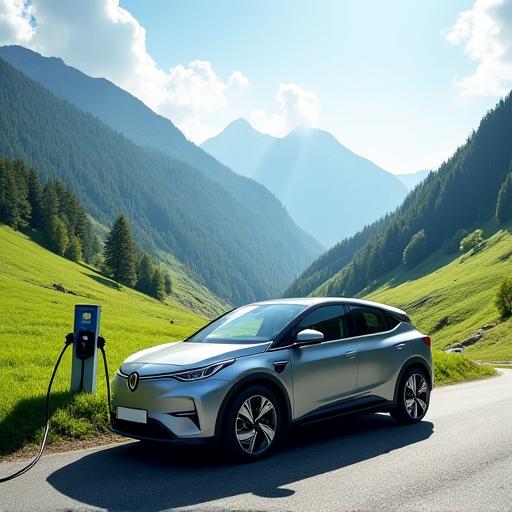 An electric vehicle charging against a backdrop of green Tyrolean valleys.