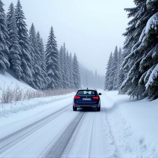 A car driving on a snowy, well-maintained road in the Vorarlberg region.