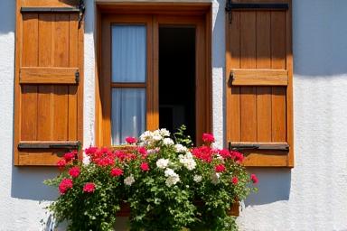 A charming Austrian guesthouse with flowers on the balcony.