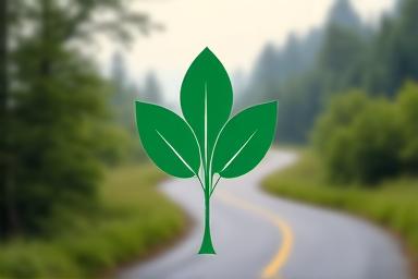 A green leaf icon superimposed on a winding road.