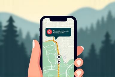 A smartphone displaying a map in a mountainous area with no signal icon.